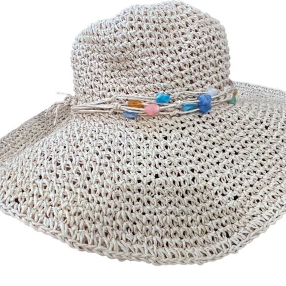 Boho Wide Brim Sun Hat Beaded Brim Trim Beach Pool Vacation Travel Cottage Coast - Picture 2 of 12